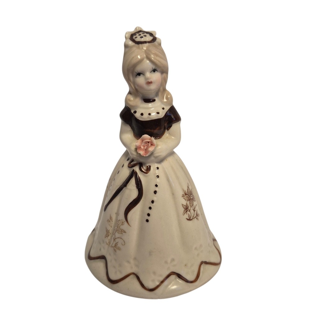 Vintage Lady Bell Figurine Cream‎ Brown 6" Excellent Ceramic Rose